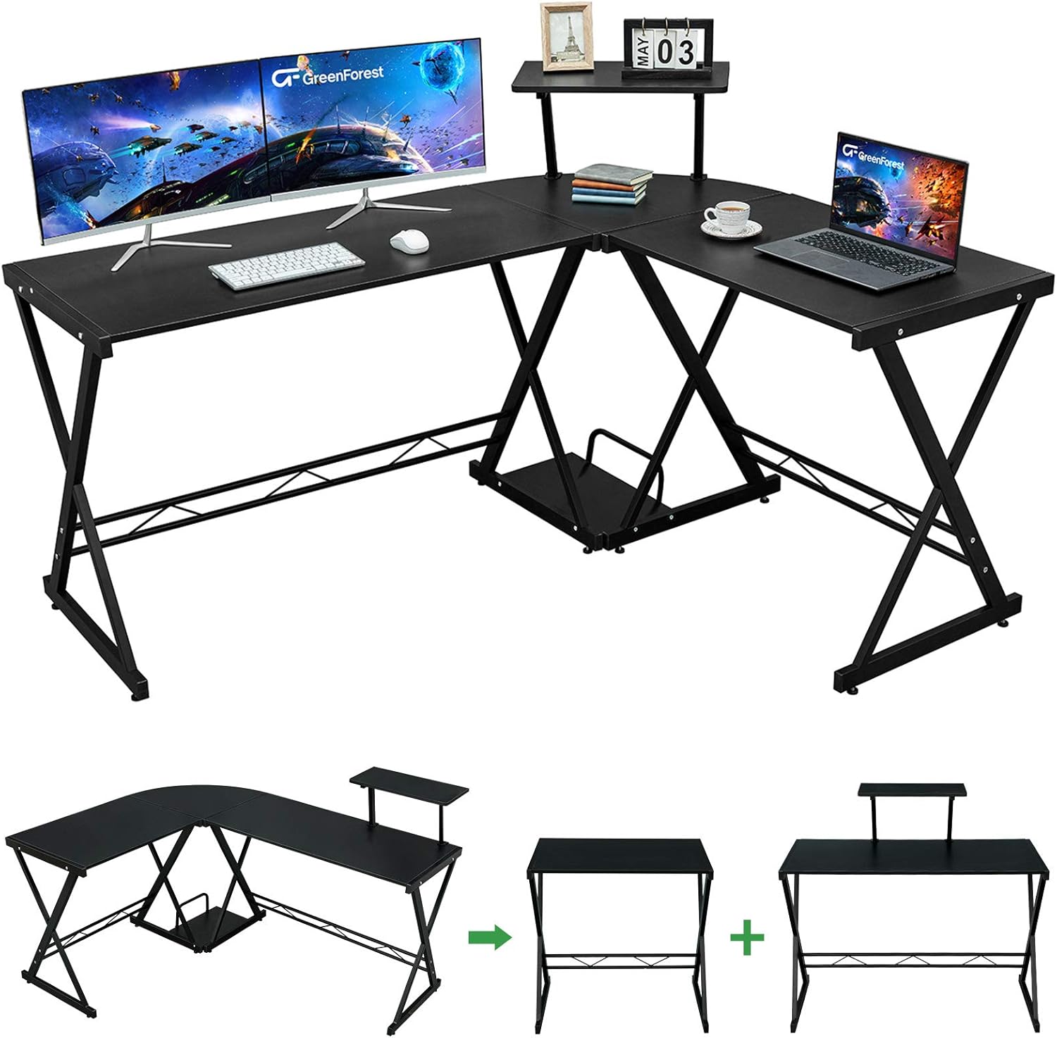 GreenForest L Shaped Desk 58 inch Reversible Corner Computer Desk with Movable Shelf and CPU Stand, Gaming Desk with Sturdy X Leg Space Saving Home Office Workstation Table, Rustic Brown