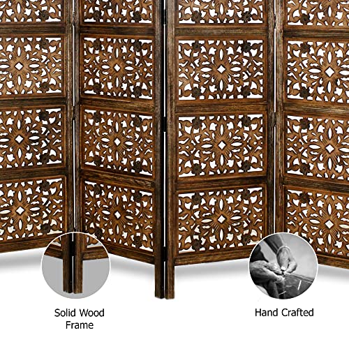 Room Divider Wood Screen - Ghanti Bells Antique Brown - 4 Panel Folding 72 x 80 - Assembled Hand Carved Decorative Functional Versatile Portable Partition Reversible Privacy Boho - COTTON CRAFT