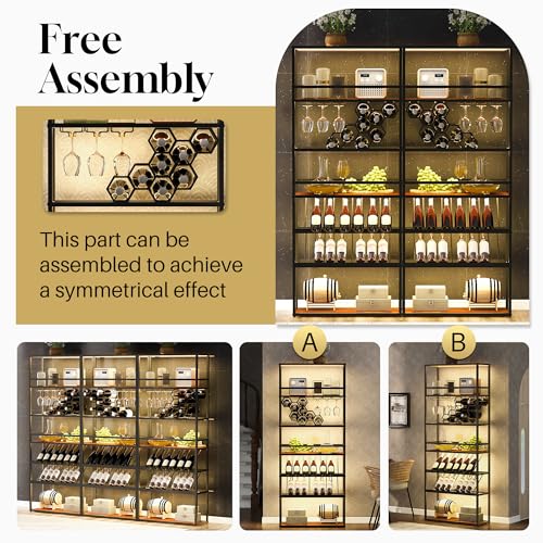 Merax Wine Rack with LED Lights & Glass Holder, Contemporary Freestanding 7-Tier Tall Bar Cabinet, Luxury Kitchen Furniture for Liquor Storage, Black Gold