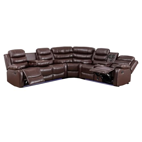 Manual Reclining Sectional Couch with LED Light Multi-Functional Sofa with Recliner Seat,Stereo, Storage,Cup Holders,USB,PU Leather L-Shaped Sofa,9 Seater for Living Room- White