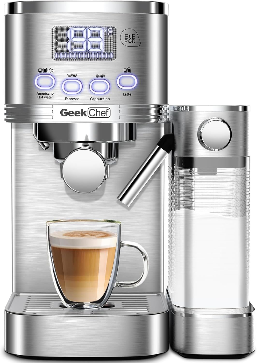 Geek Chef Espresso Machine with Built-In Automatic Milk Frother, 7-in-1 Cappuccino & Latte Machine for Home, 80s Get Americano Coffee, ESE POD Filter, 20 Bar, Stainless Steel