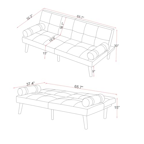 Convertible Sofa Bed Futon Linen Sleeper Couch with Adjustable Backrests Soild Wood Legs for Bedroom Living Room White