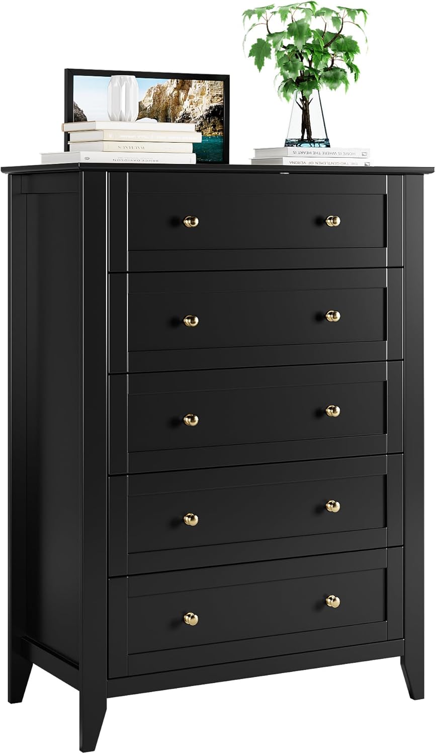 5 Drawer Dresser for Bedroom, Tall Dresser Closet Organizer, Wood Dresser with Deep Space & Metal Knobs, Modern Chests of Drawers for Entryway, Hallway, Black