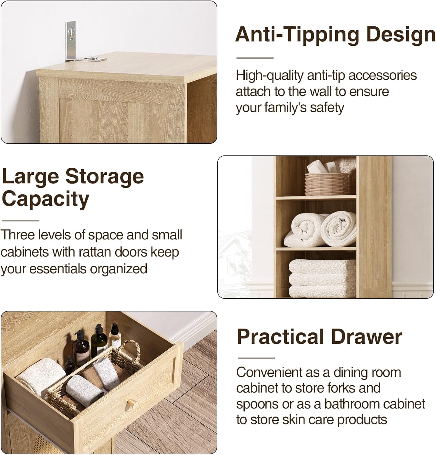 67''H Linen Bathroom Storage Cabinet with Rattan Doors & Drawer, Tall Narrow Standing Tower Cabinet with Adjustable Shelves, Small Bathroom Floor Cabinet for Entryway, Kitchen, Natural