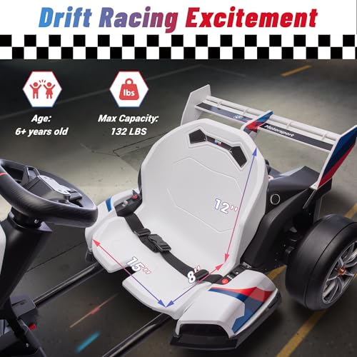 24V 9AH Electric Go Kart with Adjustable Seat, 7.5 MPH Drift Kart for Kids Age 6-12, 2 * 200W Motors, Drift Mode and 2 Speed, Licensed BMW (Grey)