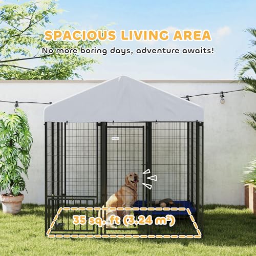 PawHut 4.6' x 4.6' x 5' Dog Kennel Outside, Welded Wire Outdoor Dog Kennel Run with Waterproof & UV Resistant Cover, for S&M Breeds, Chickens, Ducks, Black