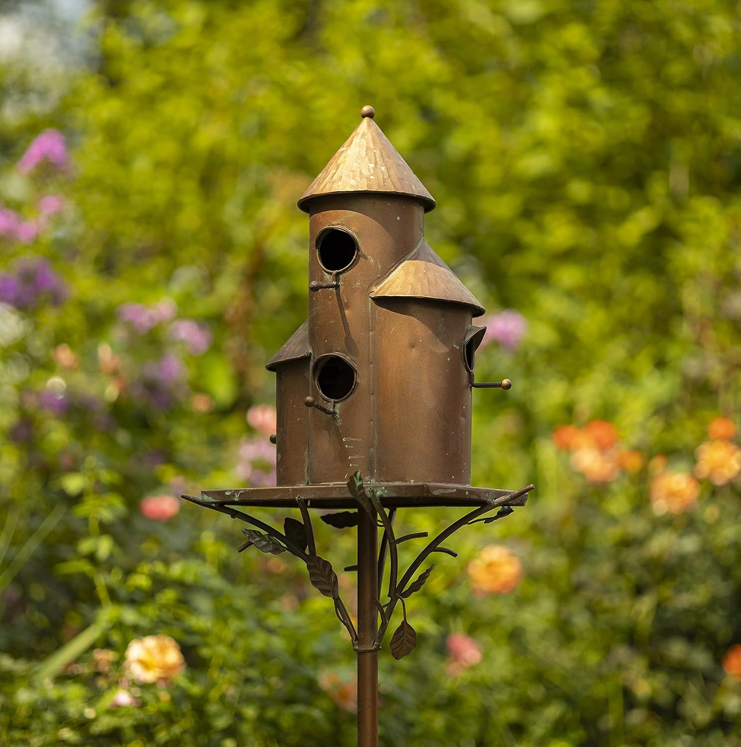 Zaer Ltd. Large Copper Colored Multi-Birdhouse Stakes, Room for 4 Bird Families in Each (Castle Home)