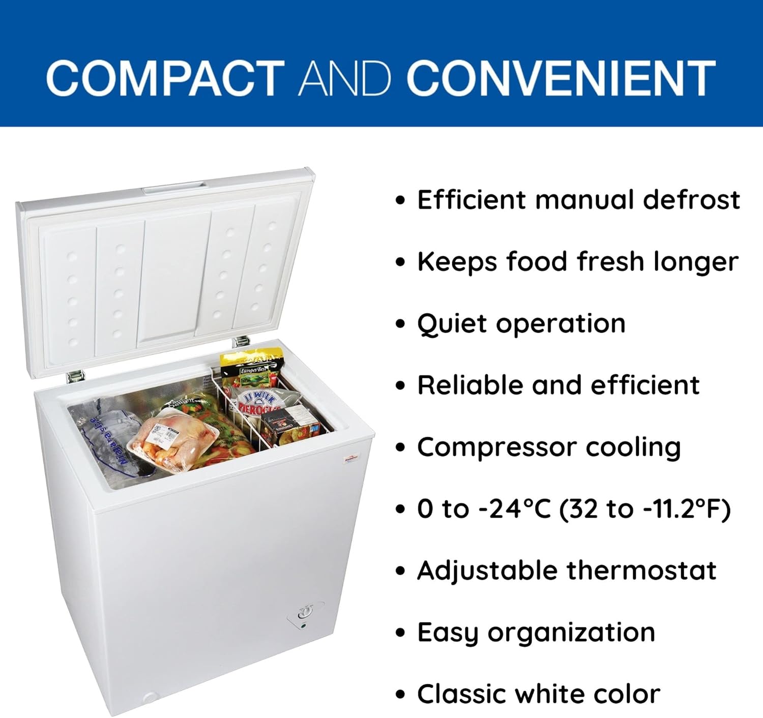 Koolatron Compact Chest Freezer, 5.5 cu ft (155L), White, Manual Defrost Deep Freeze, Storage Basket, Space-Saving Flat Back, Stay-Open Lid, Front-Access Defrost Drain, for Apartment, Condo, Cottage