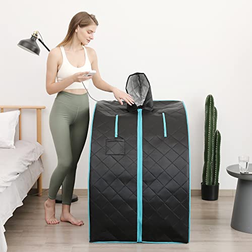 Smartmak Far Infrared Sauna, Full Body One Person Portable SPA Set with Time & Tempreture Remote Control, Heating Foot Pad and Foldable Reinforced Chair (L 27.6’’ x W 31.5’’ x H 37.8’’)- Blue Border