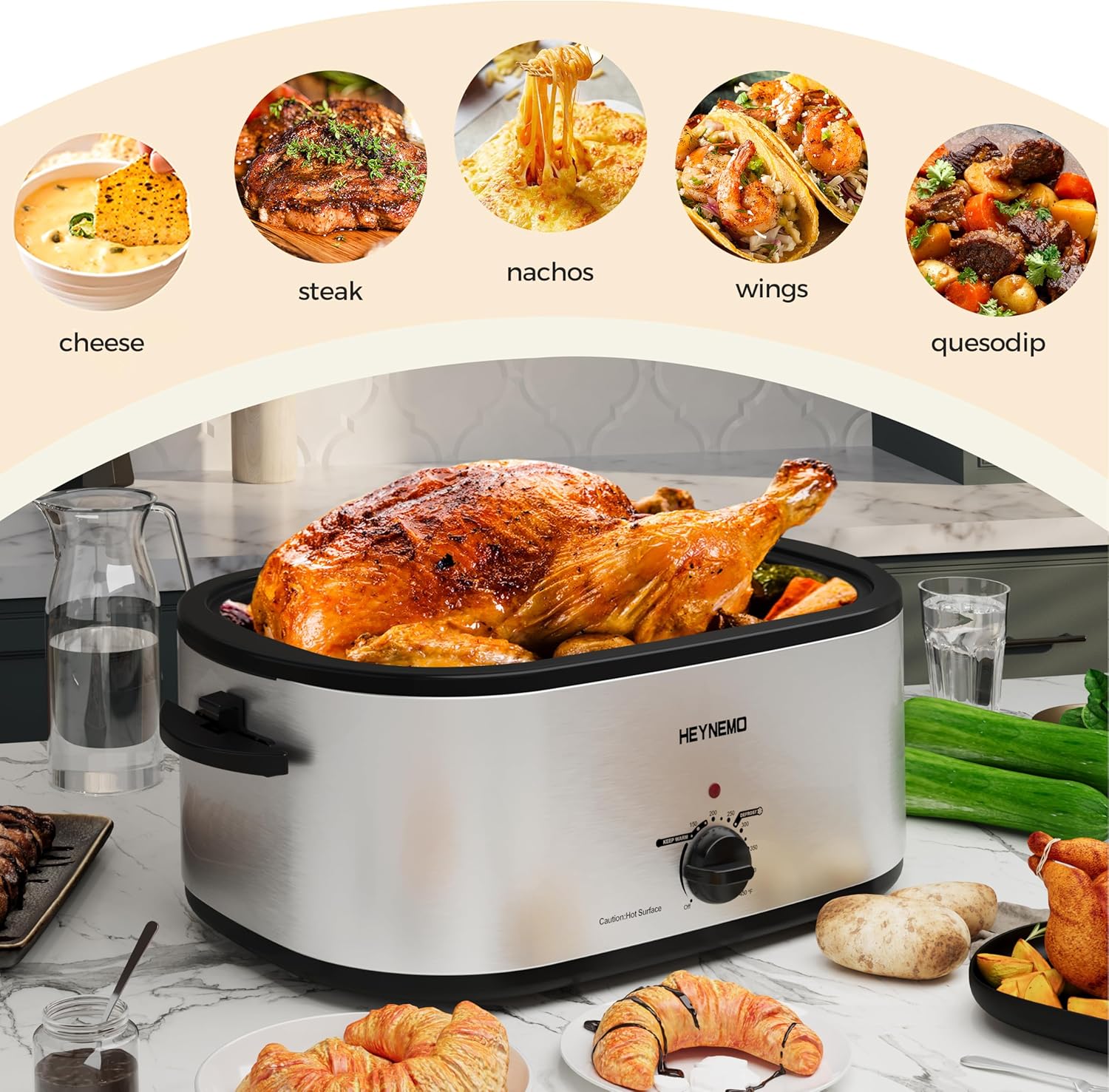 Roaster Oven 28 Quart, Electric Roaster Pan with Visible & Self-Basting Lid, Large Stainless Steel Electric Turkey Roaster Oven Defrost Warm Function, Removable Pan Rack, Fits Turkeys Up to 28LB