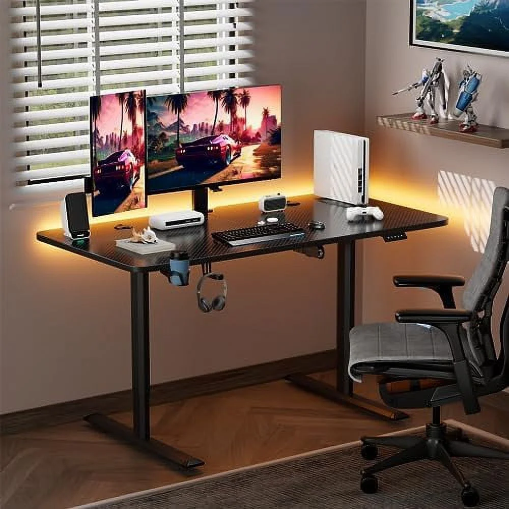 HJZBNONE Electric Height Adjustable Standing Desk 55 x 24 Inches Sit Stand Up Desk Memory Preset Computer Gaming Desk T-Shaped Bracket for PC Gamer  Carbon Black