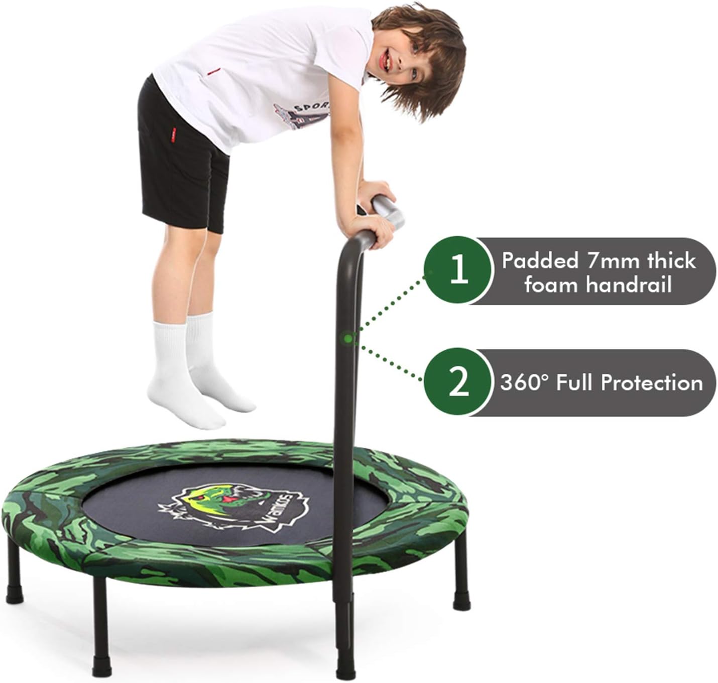 2022 Upgraded Dinosaur Mini Trampoline for Kids with Handle, Foldable Kids Trampoline for Play & Exercise Indoor or Outdoor, Camo Safty Padded Cover Toddler Rebounder Trampoline for Jump Sports