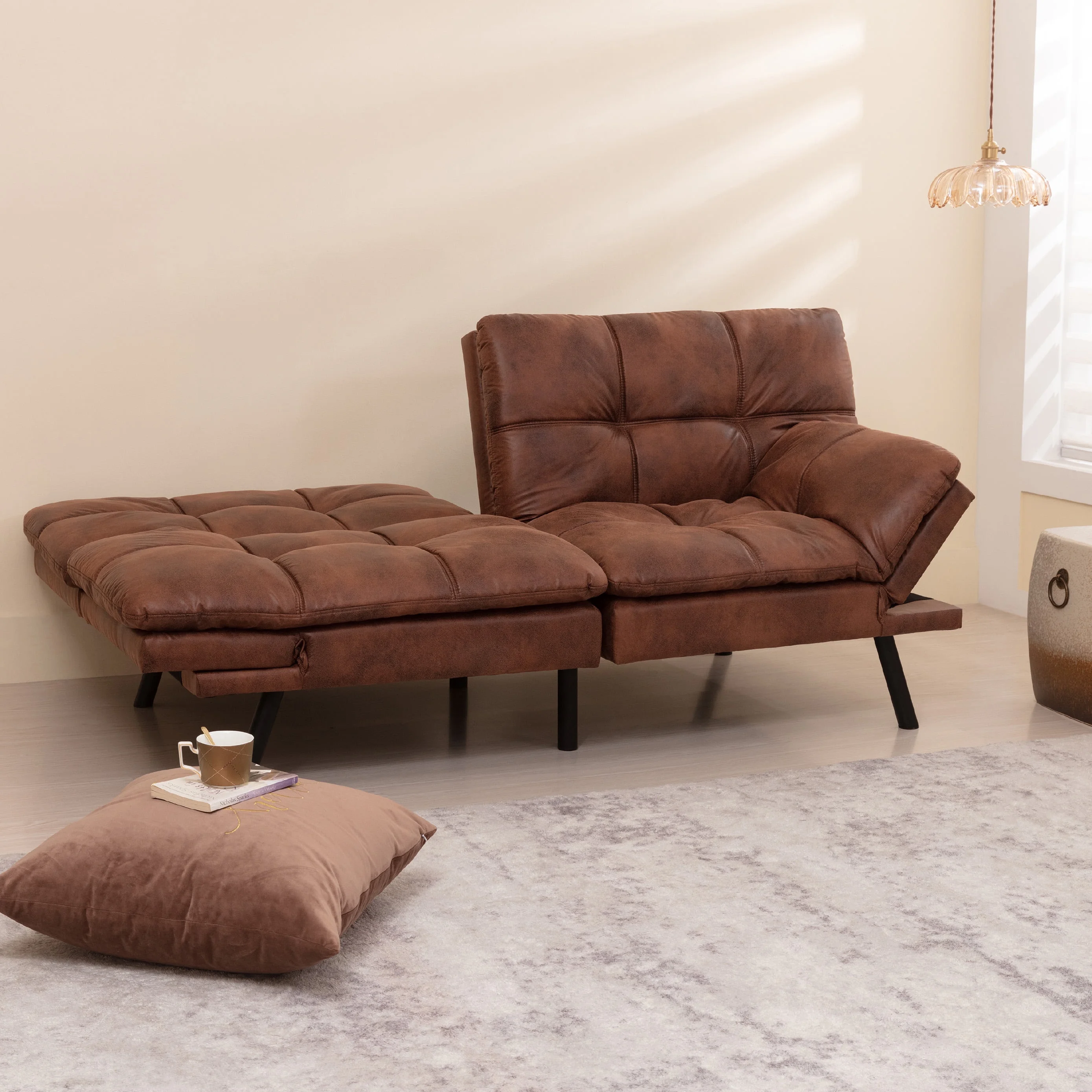 MLILY Convertible Futon Sofa Bed, Sleeper Sofa with Adjustable Armrest, Memory Foam Futon Couch, Brown