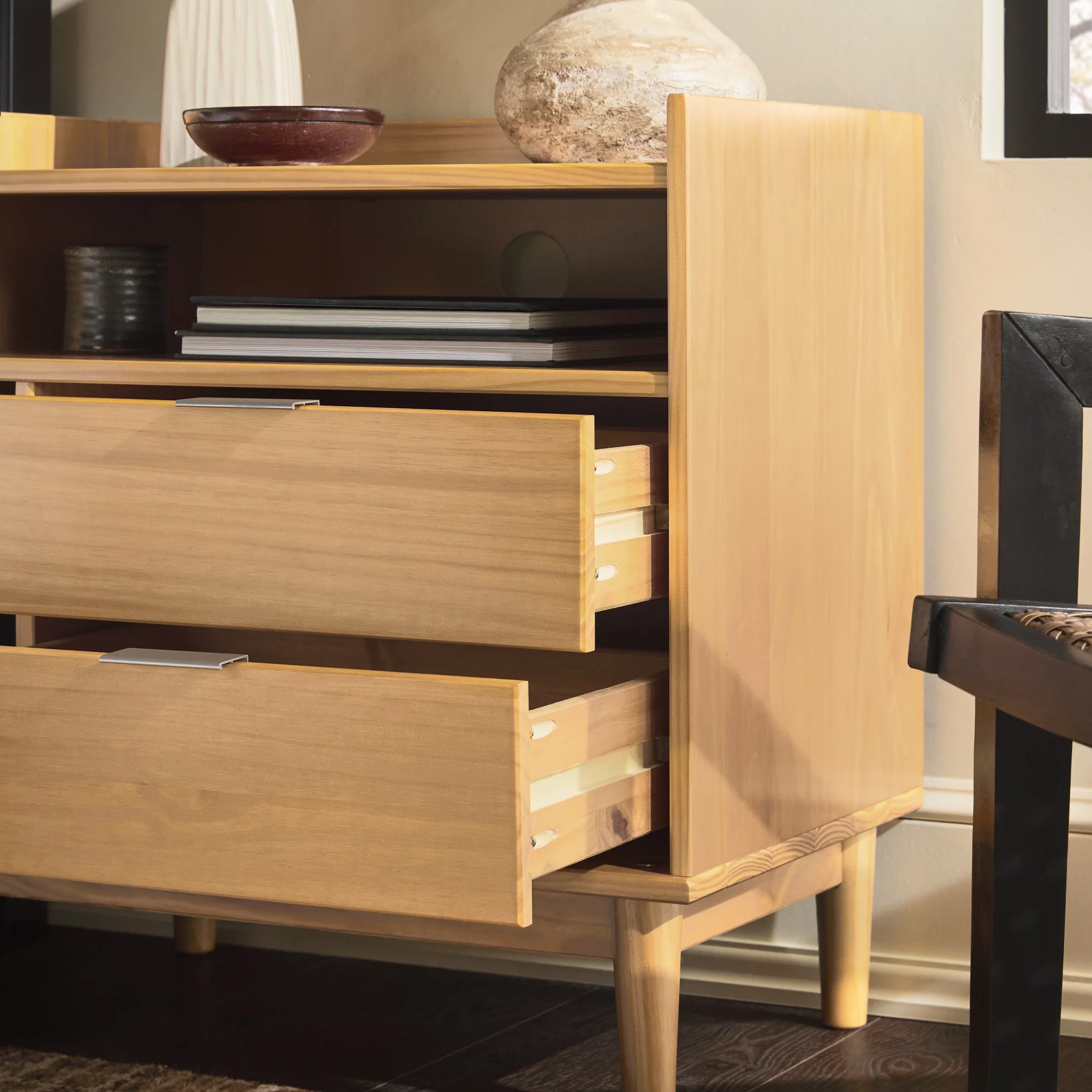 Walker Edison Mid-Century Modern 2-Drawer Wood Nightstand, Natural Pine