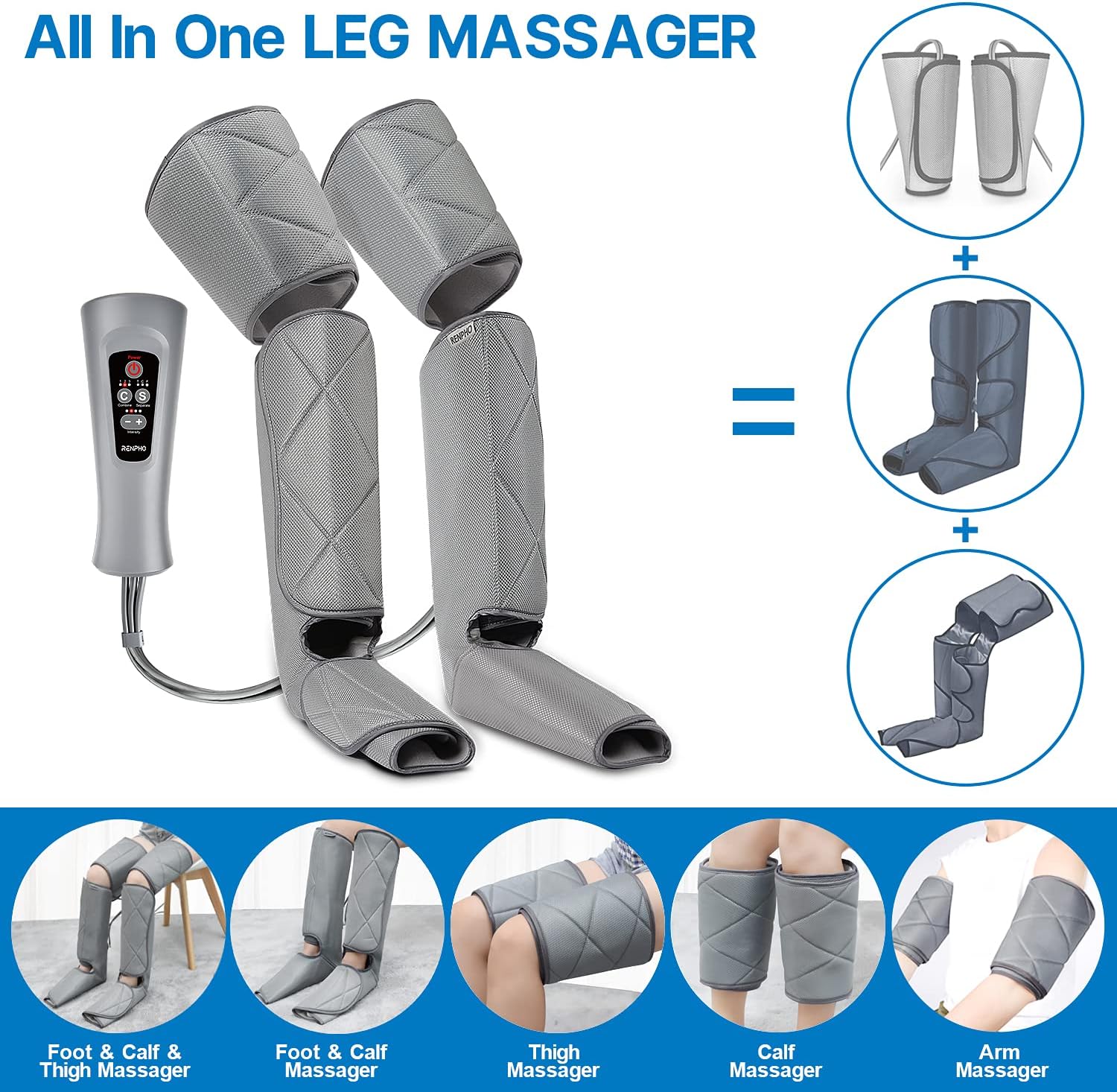 Renpho Leg Massager with Compression for Circulation and Pain Relief, Calf Foot and Leg Massager with 6 Modes 4 Intensities, Adjustable Leg Wrap for Most Size, Gift for Men Women, Home Use