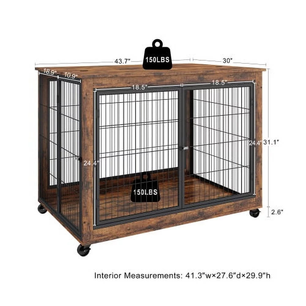 Schnappi Furniture Style Dog Crate Side Table on Wheels with Double Doors and Lift Top.（Rustic Brown,43.7’’w x 30’’d x 31.1’’h）