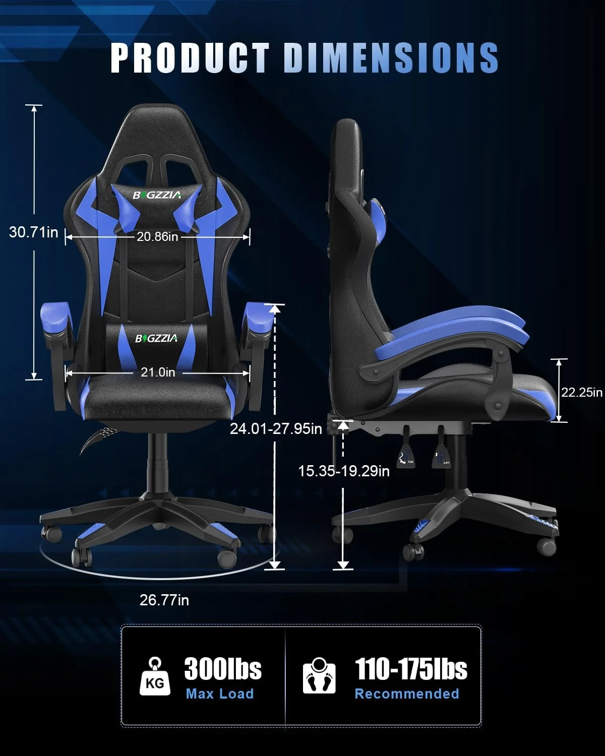 Bigzzia RGB Gaming Chair with LED Lights and Ergonomic Gaming Chair Reclining PU Leather High Back Game Chair with Headrest Adjustable Lumbar Support Linkage Armrest for Adults (Black/Blue) - Curated Treasures Market