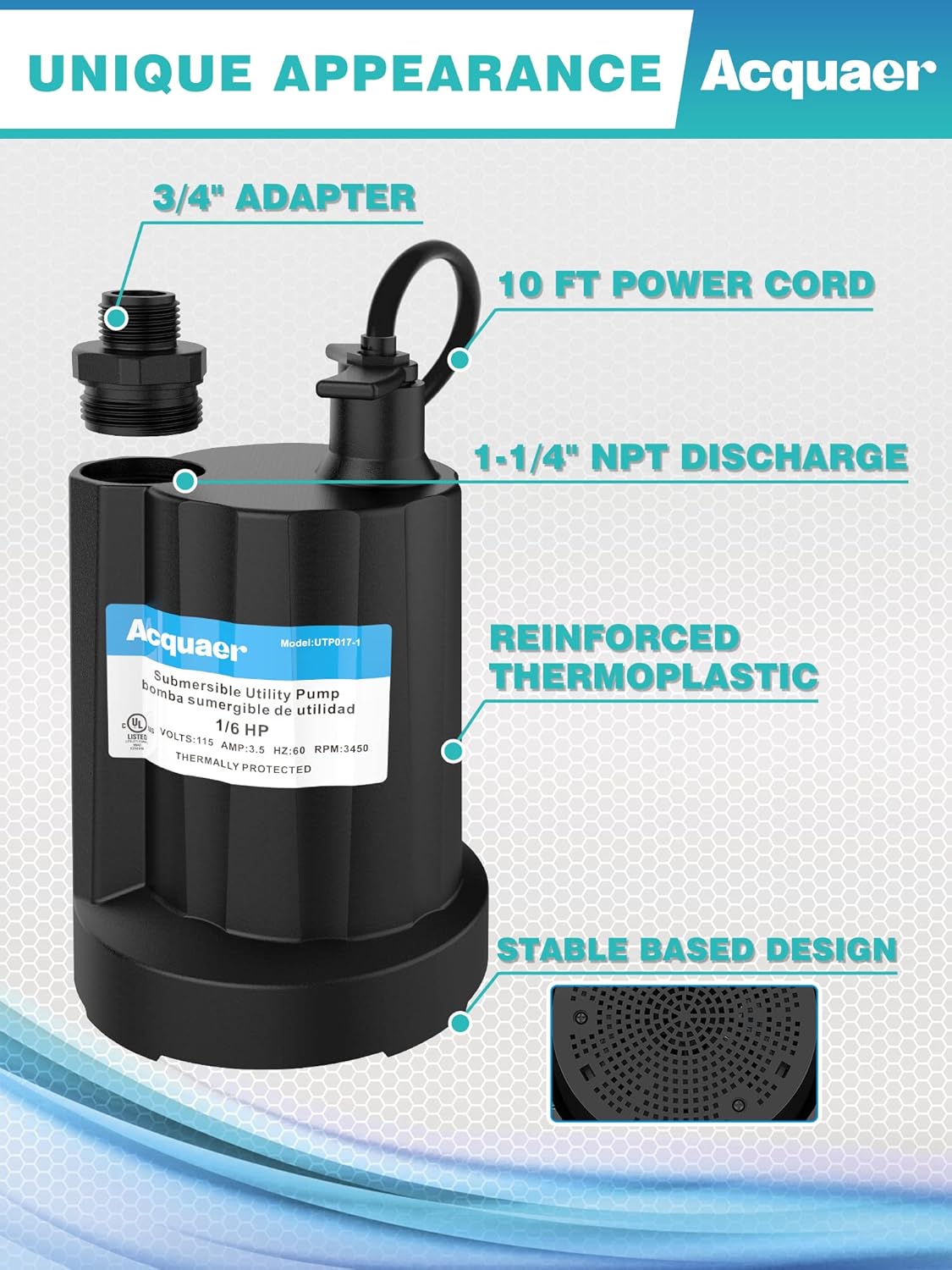 Acquaer Submersible Water Pump 1/6 HP Sump Pump Thermoplastic Utility Pump Small Electric Water Pump 1750GPH Water Remove for Basement Hot Tubs Garden Pool Cover Draining with 10 ft Cord Pack of 2