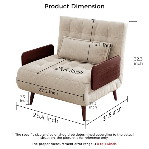 3-in-1 Convertible Chair Bed Sleeper for Adults, Linen Convertable Sleeper Chair with Wooden Arms & Pillows, Foldable Single Futon Sofa Bed (Mid Century with Walnut Arm, 36.6" Wide)