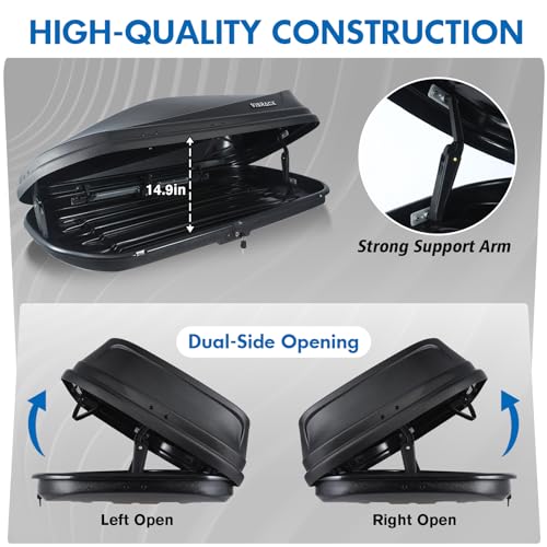 Gray Rooftop Cargo Box Carrier Large 13 Cubic Feet Car Top Mount Travel Luggage Storage, Dual Side Opening, Roof Cargo Boxes Waterproof Rooftop Storage Box Extra Keys, Straps