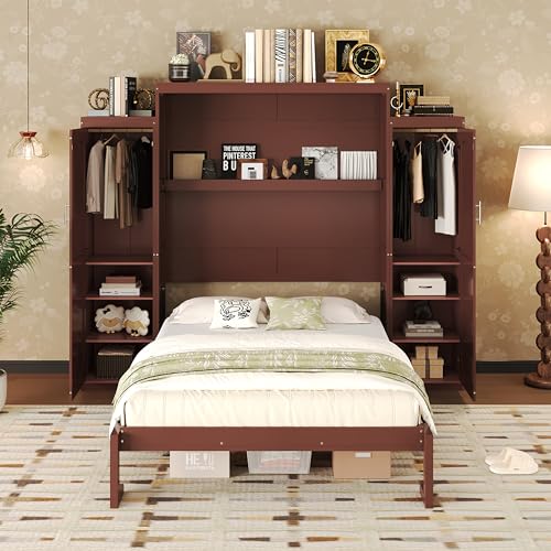 KLMM Wooden Murphy Bed Wall Bed with 2 Wardrobe and Storage Shelf,Foldable Platform Bedframe for Guest-Room Bedroom Study Office Use (White#E, Full)