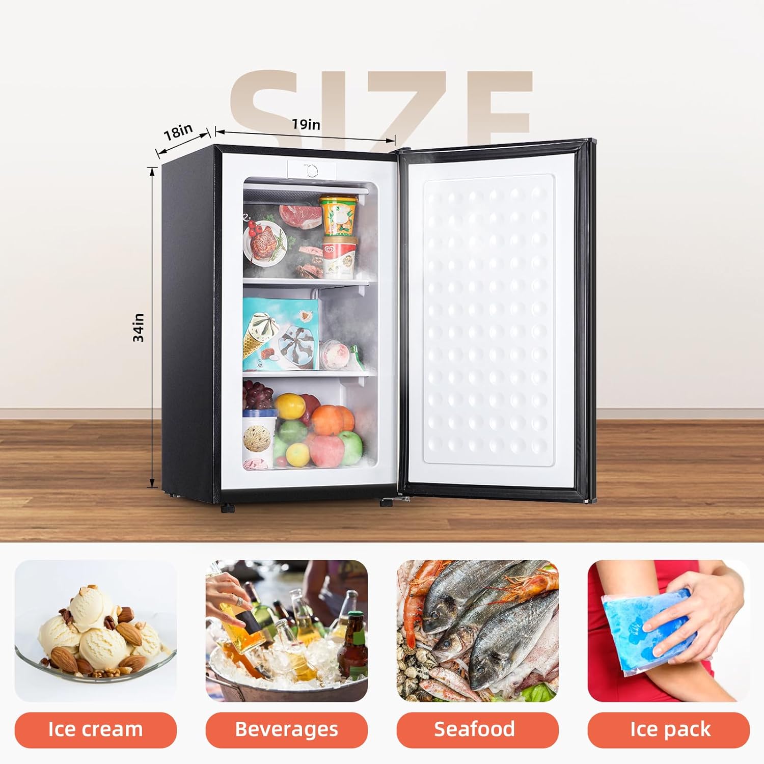 3.5 Cubic Feet Upright Freezer with Reversible Single Door Stainless Steel Compact Freezer Black Adjustable Thermostat Removable Shelves Ideal for Kitchen Office and Bar