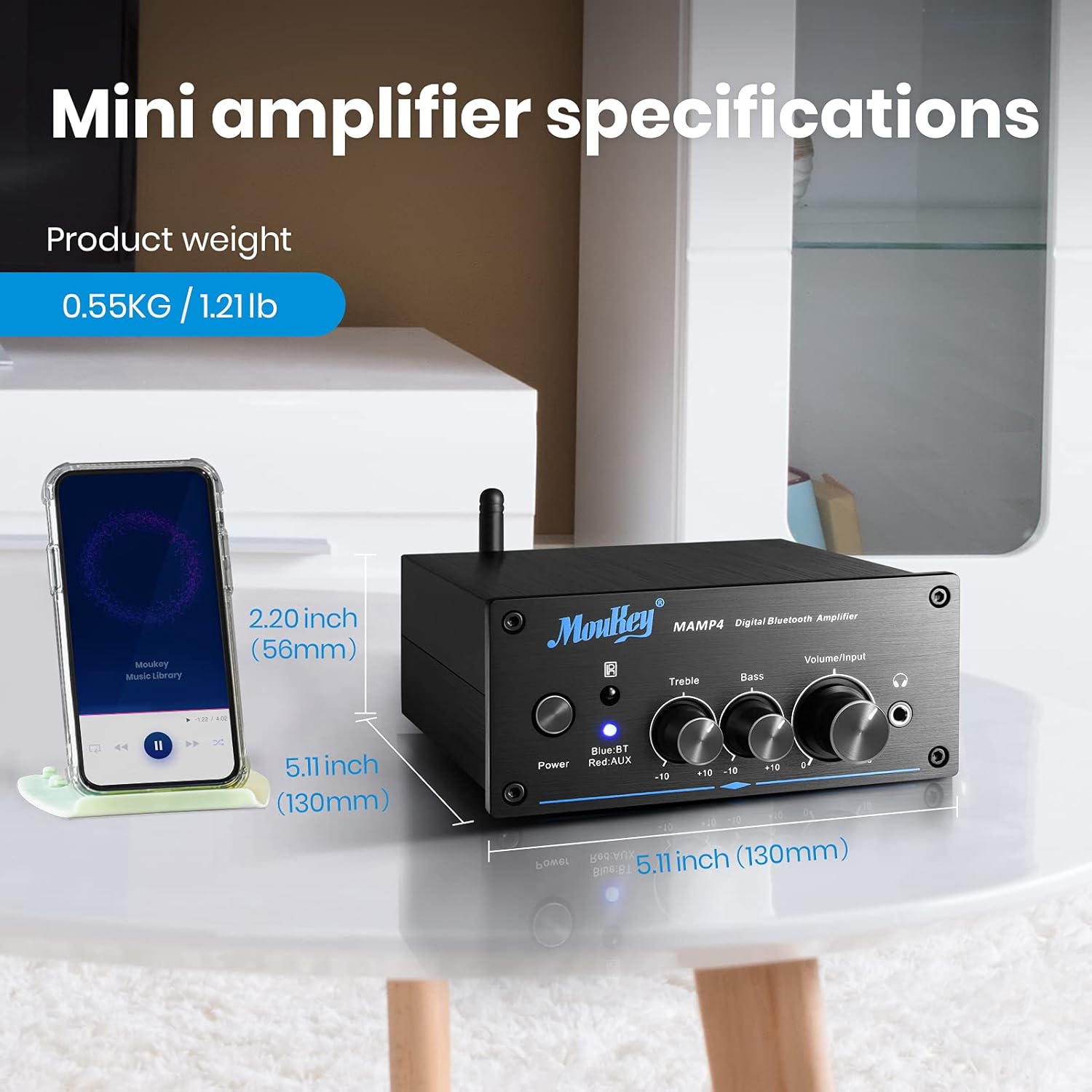 Moukey Mini Amplifier Bluetooth 5.0, 200W Dual 2 Channel Audio Receiver for Speakers, HiFi Power Amp with Headphone Jack, Bass/Treble Remote Control for Home Speakers- MAMP4 Pack of 2