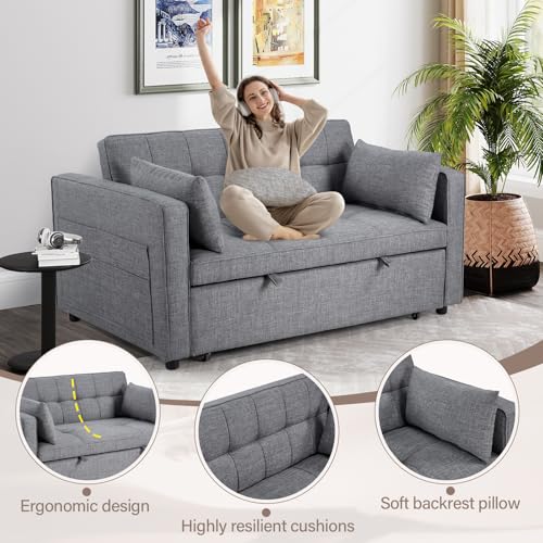 3-in-1 Convertible Sleeper Sofa Bed, Futon Couches with Pullout Bed, 2-Seater Loveseat Sofa with Storage Pockets, Adjustable Backrest and Toss Pillows for Living Room Apartment, Grey