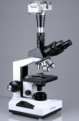 AmScope T490A-8M Digital Compound Trinocular Microscope, WF10x and WF16x Eyepieces, 40X-1600X Magnification, Brightfield, Halogen Illumination, Abbe Condenser, Double-Layer Mechanical Stage, Sliding Head, High-Resolution Optics, Includes 8MP Camera w