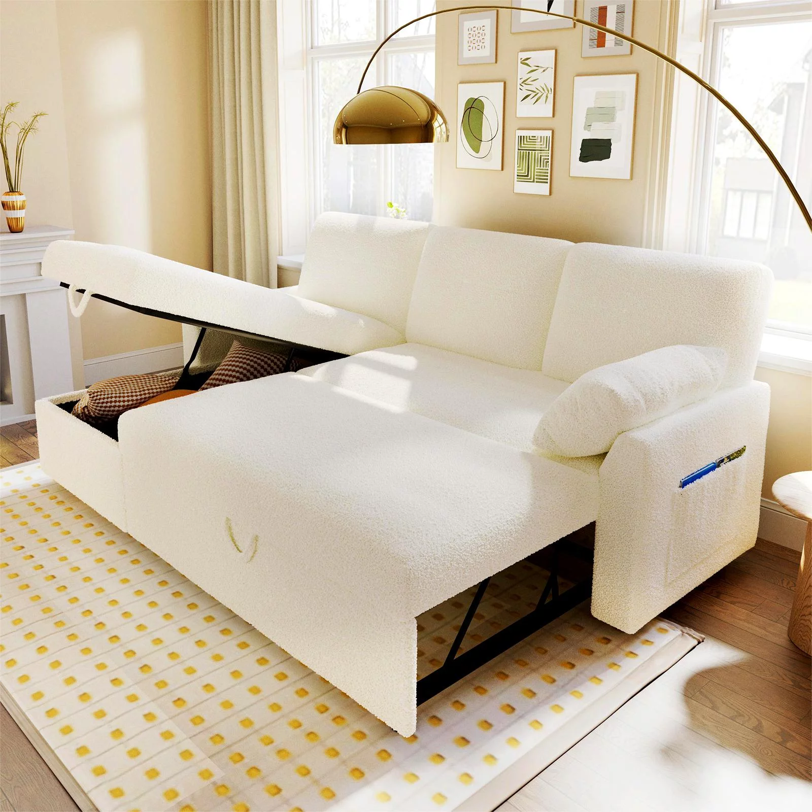 PaPaJet Sofa Bed, 2 in 1 Pull Out Couch with Storage Chaise for Living Room Office, White Sherpa