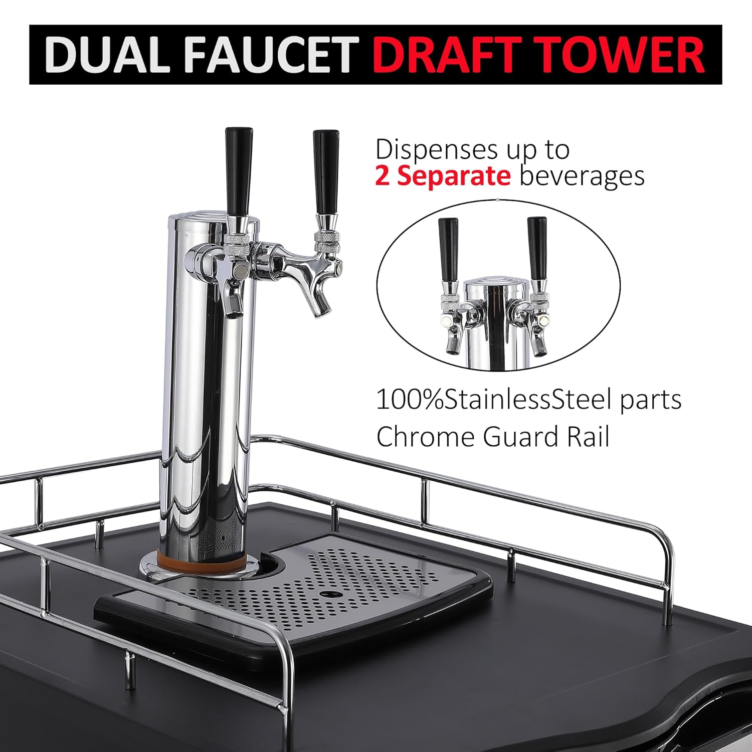 Beer Kegerator, Dual Tap Draft Beer Dispenser, Full Size Stainless Steel Keg Refrigerator With Drip Tray, CO2 Cylinder, 32°F- 50°F Temperature Control, 170L