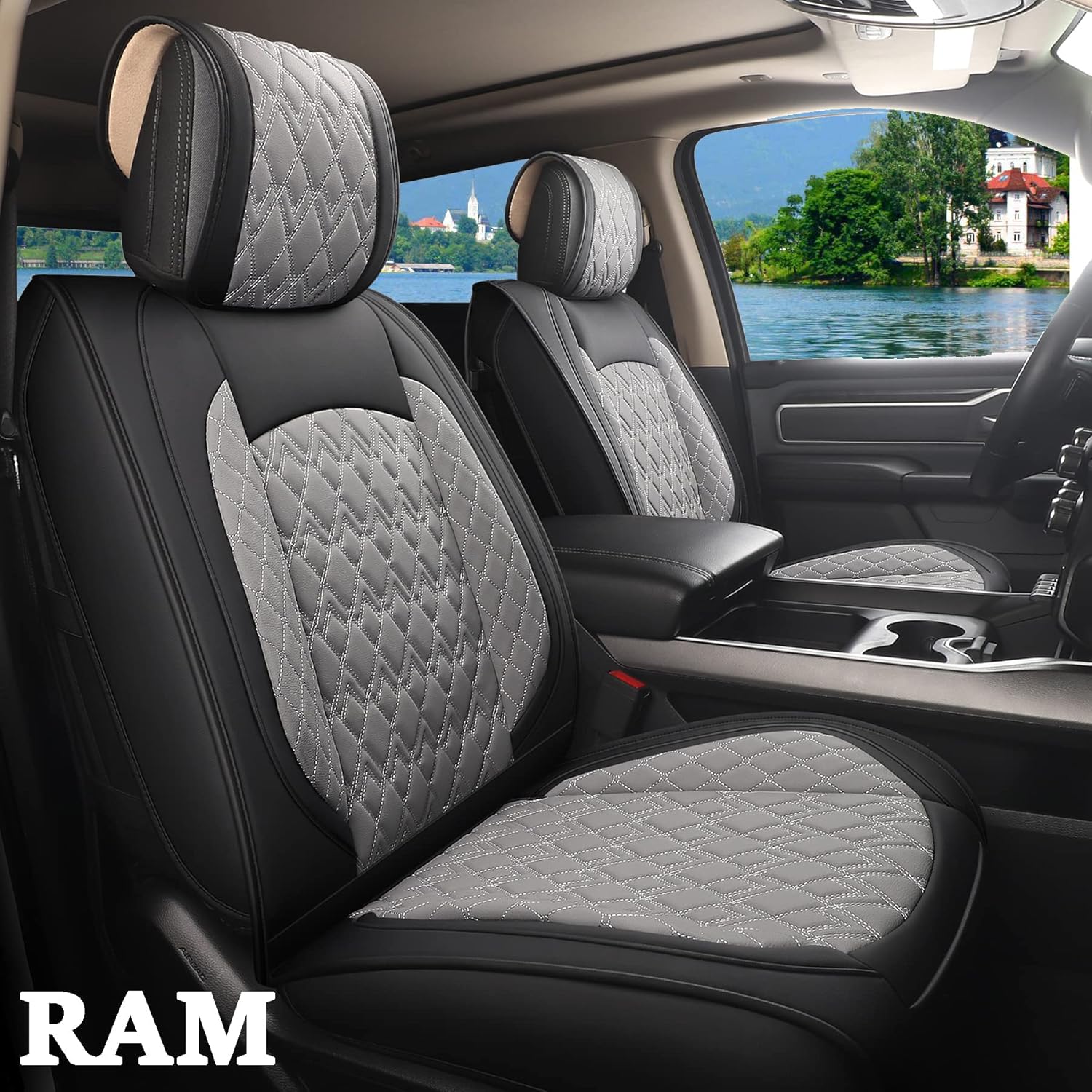 JOJOBAY Car Seat Covers for Dodge Ram 2 Pcs Front,Fit Ram 2009-2022 1500/2500/3500 Pick-up Truck,Crew,Regular,Quad,Mega Cab,Waterproof Synthetic Leather Seat Covers Protectors（2 PCS Front,Black-Grey）