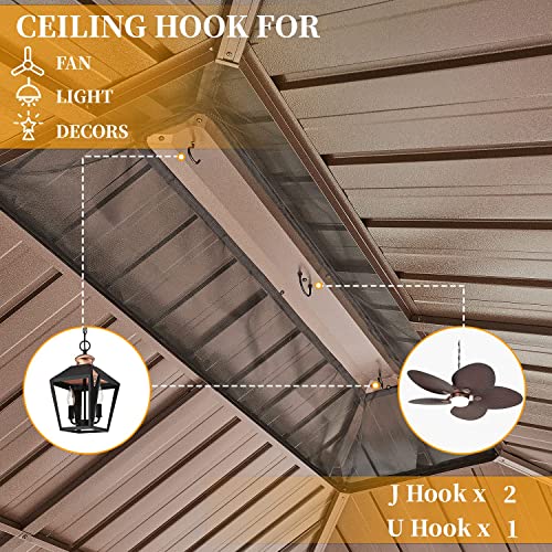YOLENY 10' x 12' Hardtop Gazebo, Wood-Looking Gazebo with Galvanized Steel Double Roof, Aluminum Frame, Permanent Metal Pavilion with Netting and Curtains for Deck, Backyard, Patio and Lawns