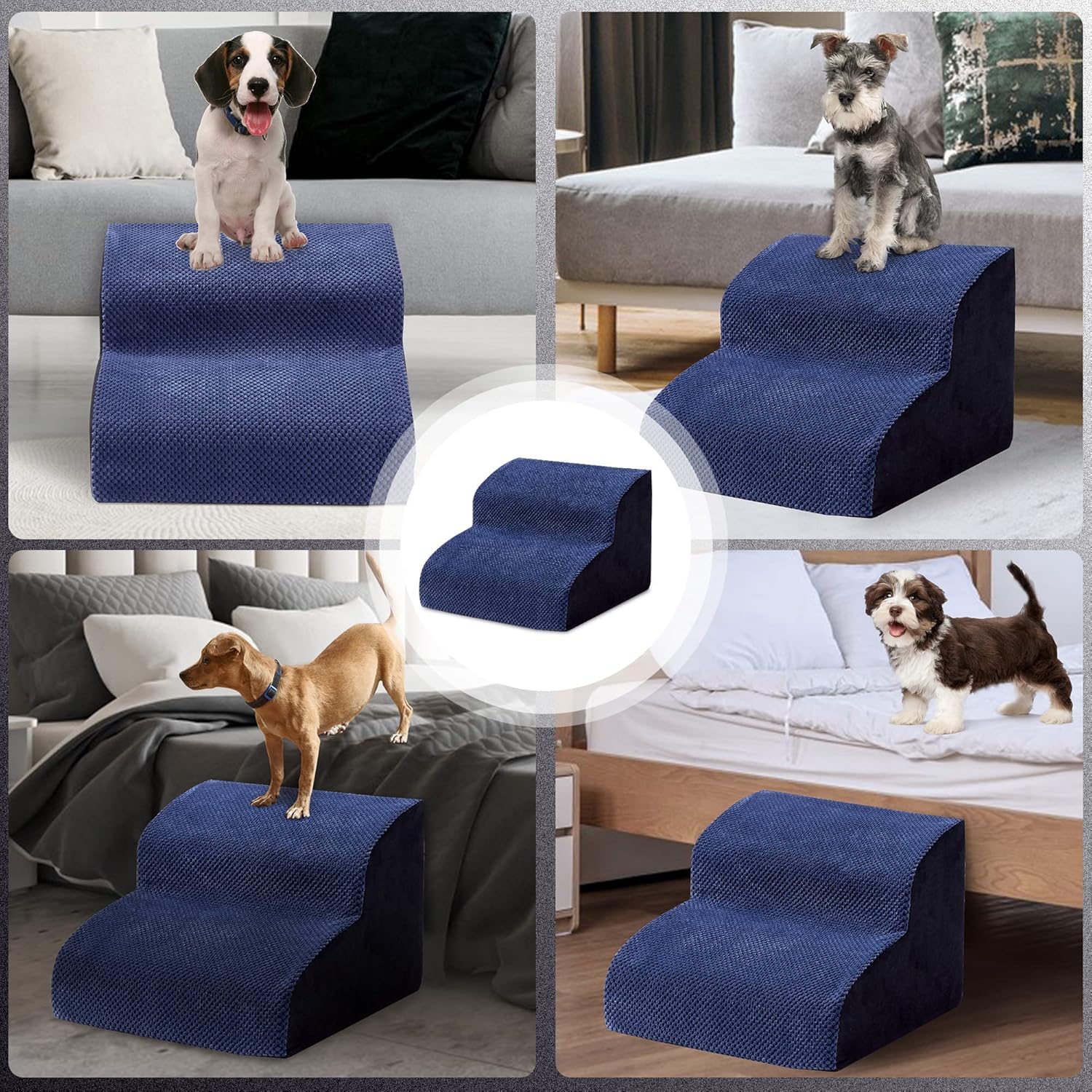 MALOROY 2 Tiers Foam Dog Ramps, Dog Ladder Pet Ramp Stairs Non-Slip Pet Step for Older Dogs and Pets with Joint Pain, Sofa Bed Ladder for Cats（Navy Blue）
