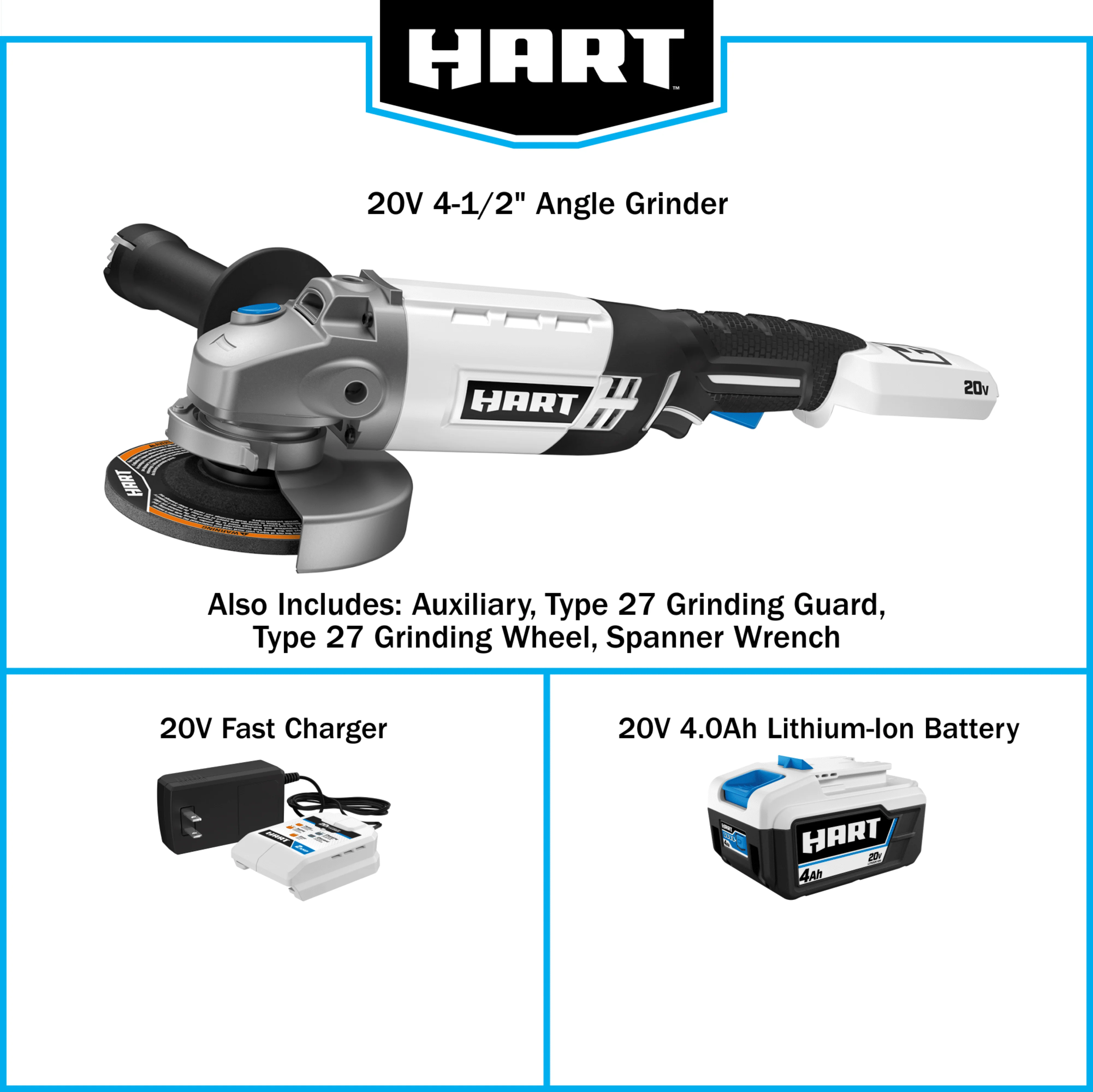 HART 20-Volt Cordless 4 1/2-inch Angle Grinder Kit (1) 20-Volt 4.0Ah Lithium-Ion Battery