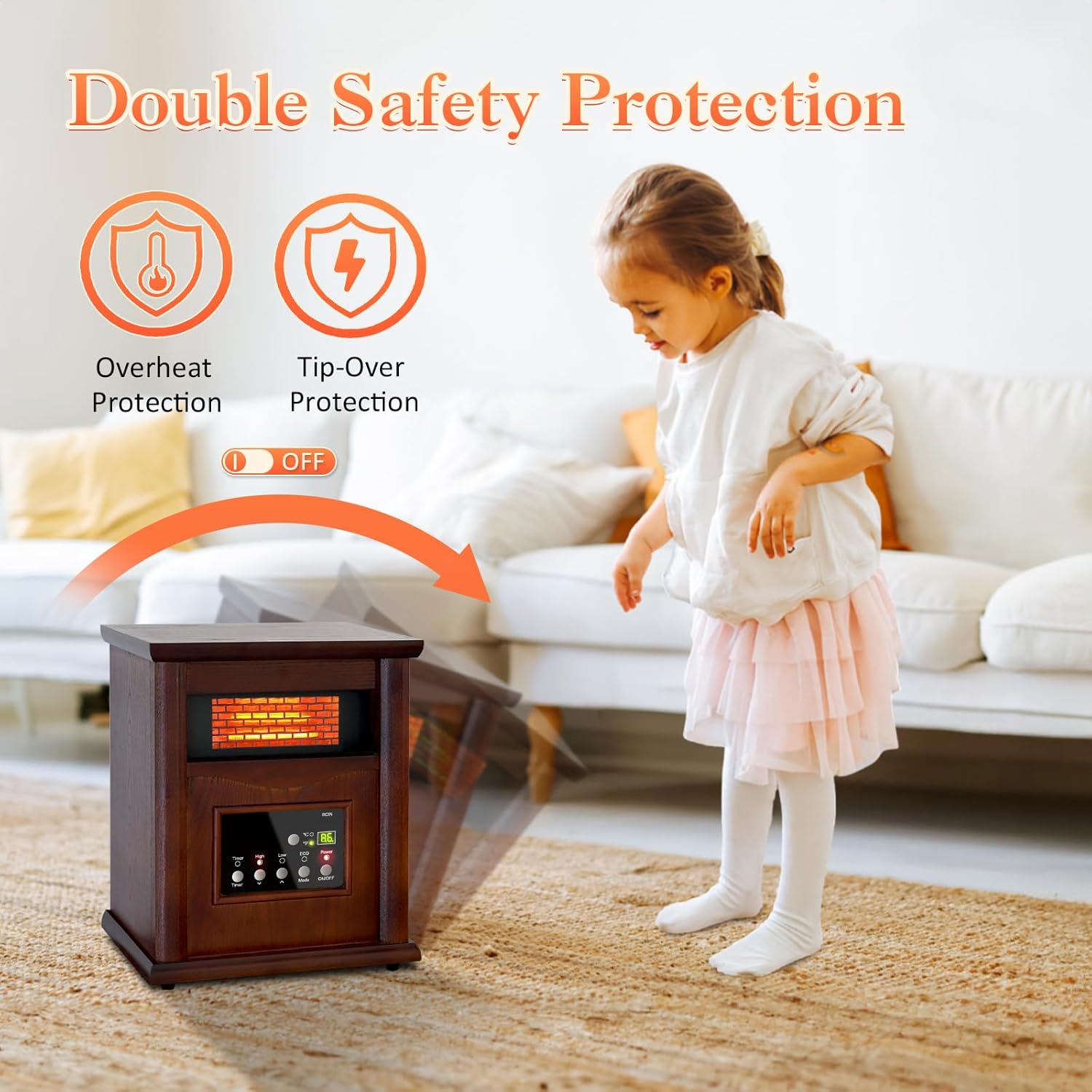Lifeplus 1500W Electric Infrared Space Heater, Quartz Heater for Indoor Use, Tip-Over & Overheat Protection with Remote Control, 3 Heat Settings, 12H Timer for Large Room Basement Heating