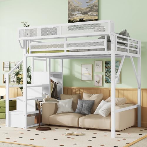Full Size Loft Bed with Stairs and Storage, Metal Loft Bed Frame with Bedside Shelf and Large Under-Bed Space, Heavy-Duty Bed for Adults Teens and Kids, Black