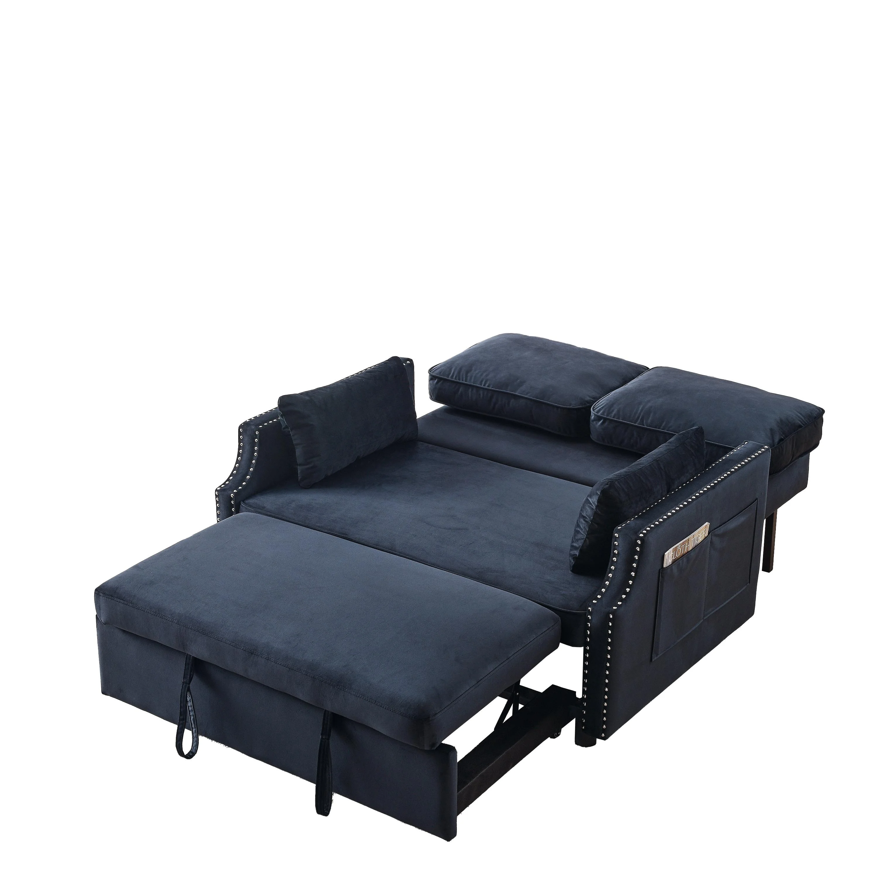 Velvet Upholstered Recliner Bed with Pull-out Sleeper Sofa, Folding Black Loveseat Sofa Bed with Side Pockets for Living Room