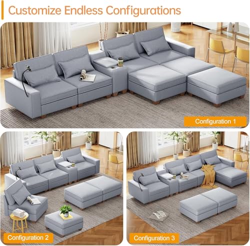 Modular Sectional Sofa, Convertible U Shaped Sofa Couch with Central Console & USB Ports, 7 Seat Modular Sectionals Couch with Chaise and Storage for Living Room, Light Grey