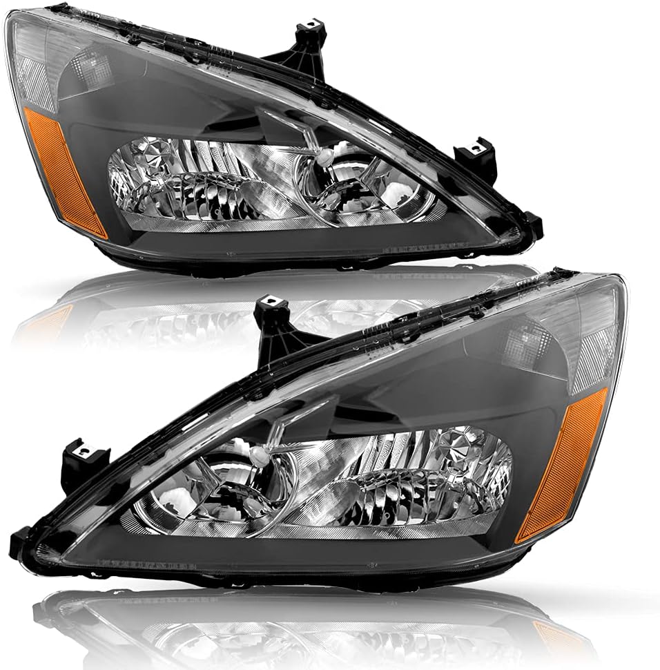 BRYGHT Headlight Assembly Set Replacement for 2003-2007 Honda Accord (Black Housing W/Amber Reflector)