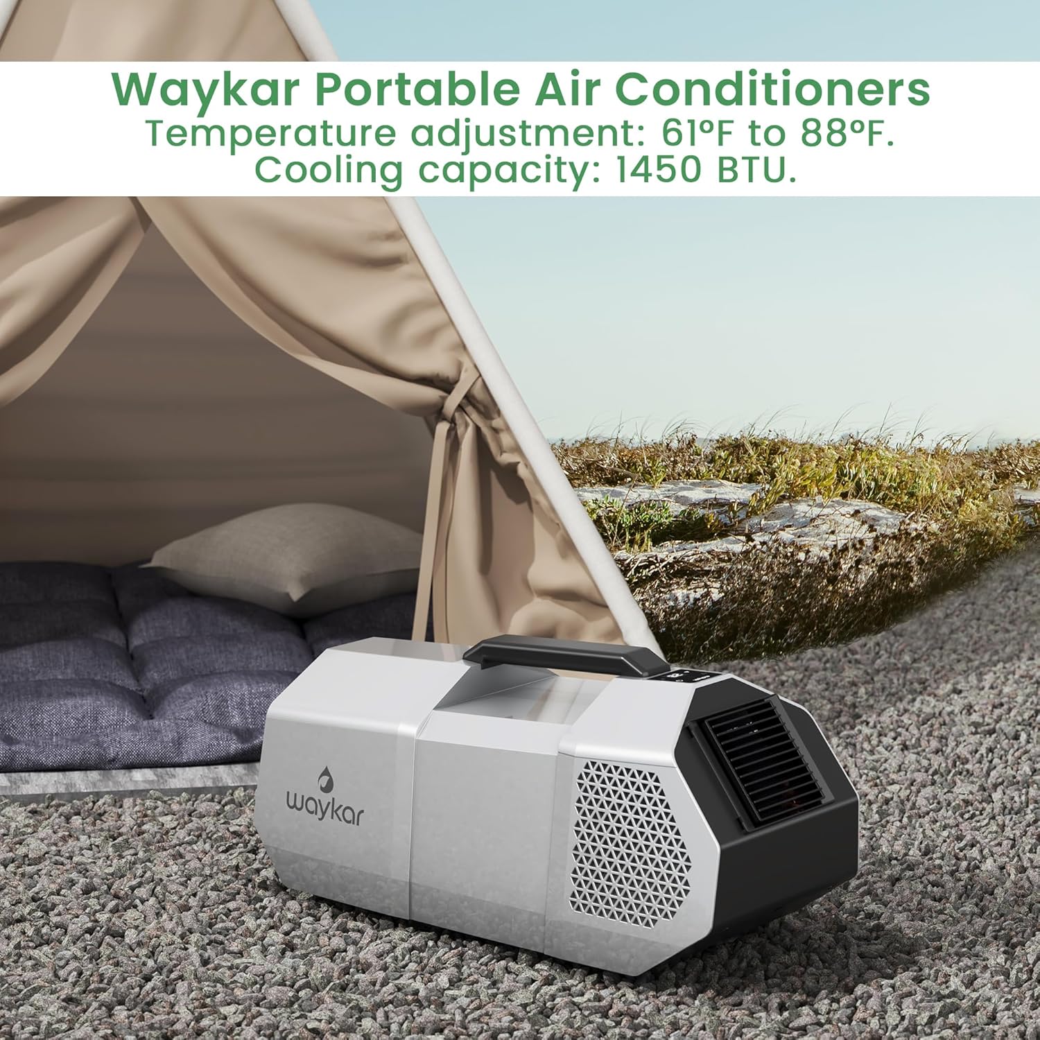 Waykar 1450BTU Portable Air Conditioner - for Tent, RV, Outdoor Event, Compact and Easy to Install, Ideal for Camping, Emergency Use, and as a Portable Indoor and Outdoor Air Conditioner.