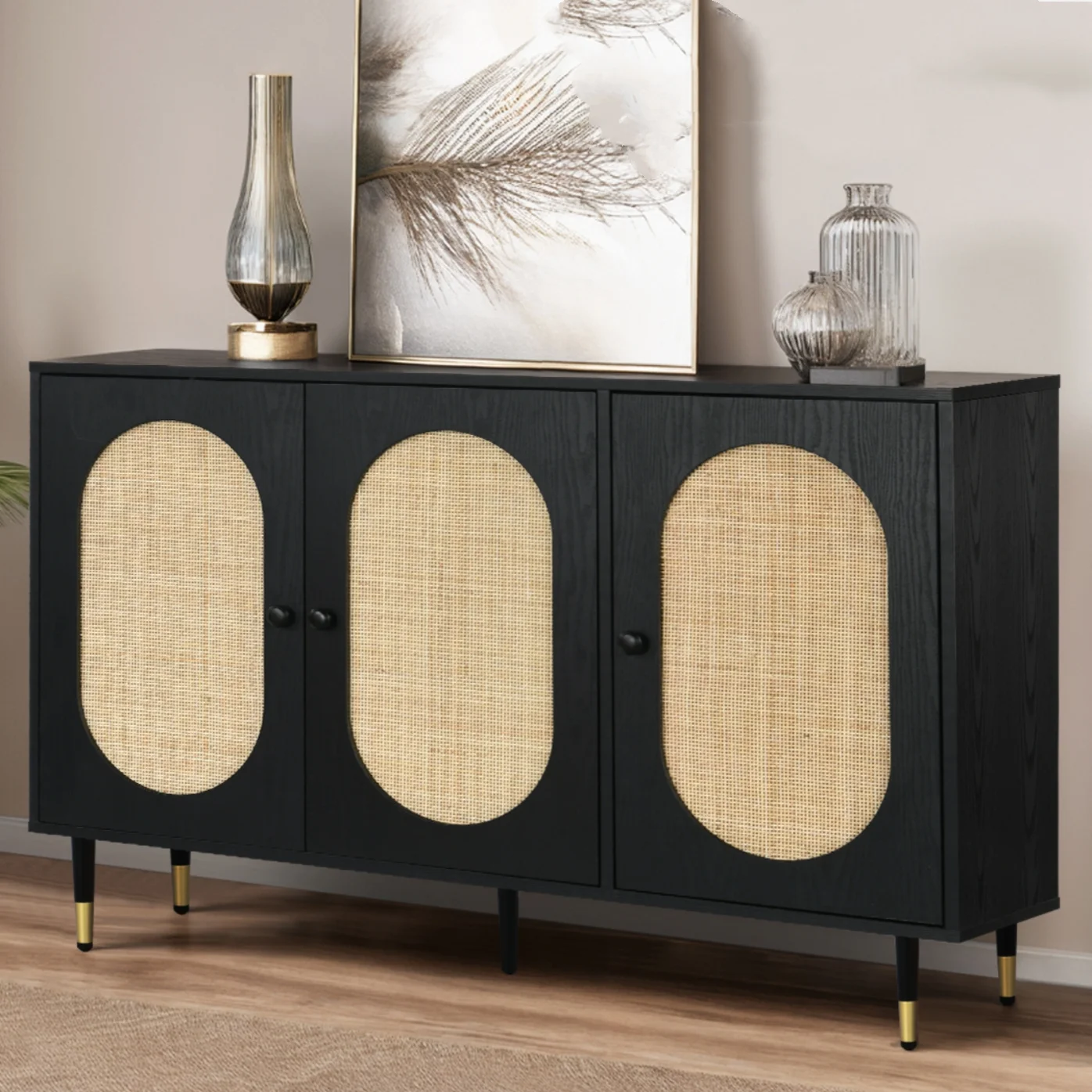 Catrimown Buffet Cabinet, Rattan Sideboard Storage Cabinet, Credenzas and Sideboards Cabinet Accent Cabinet for Living Room, Black