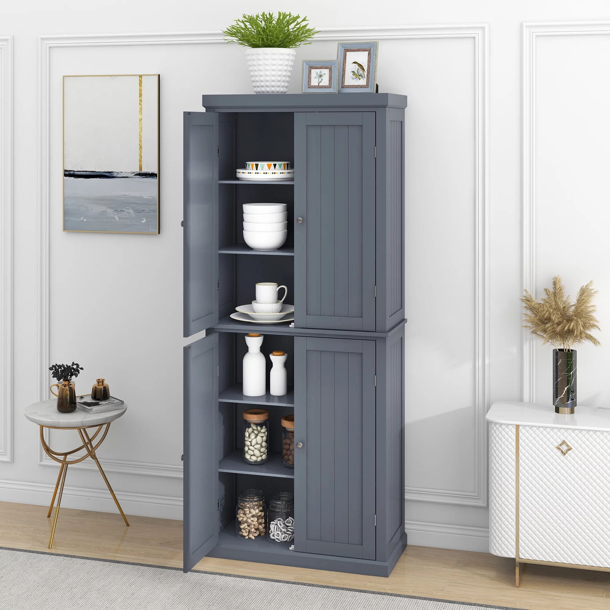 Freestanding Tall Kitchen Pantry, 72.4" Minimalist Kitchen Storage Cabinet Organizer with 4 Doors and Adjustable Shelves,Gray - Curated Treasures Market