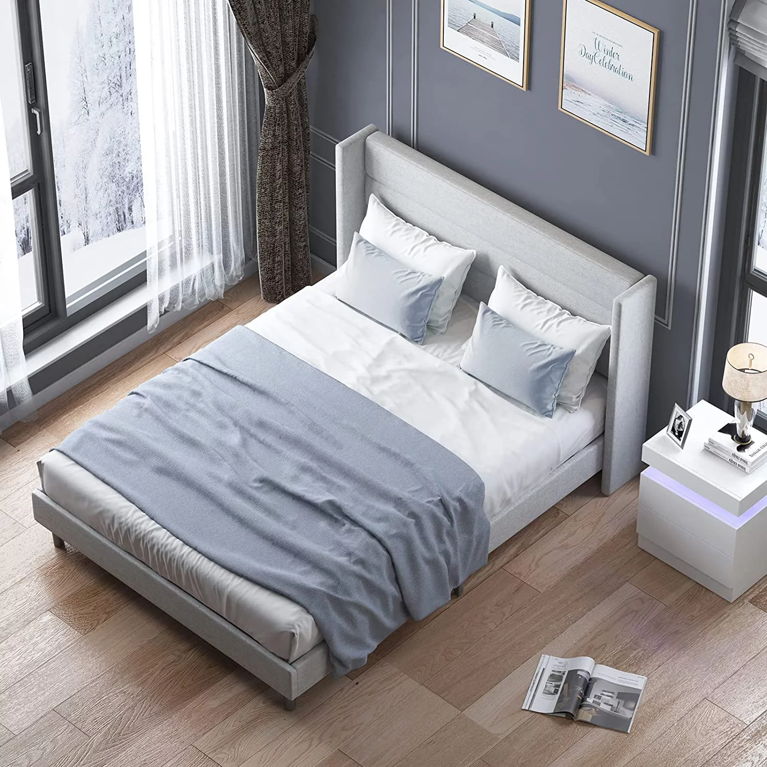 Mjkone Platform Bed Frame, Full Size Bed Frames with Headboard, Modern Bed Frame Has Wooden Slat Support, No Box Spring Needed/Easy Assembly/No Mattress(Full, Light Grey)