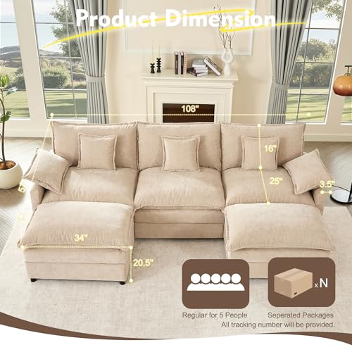 108" U Shaped Couch, Modular Sectional Sofa, 3-Seater Comfy Cloud Couch with Movable Ottoman, Deep Seat Couches for Living Room, Chenille, Black