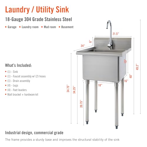 TRINITY THA-0307 Basics Stainless Steel Freestanding Single Bowl Utility Sink with Chrome Faucet, NSF Certified, for Garage, Laundry Room, and Kitchen, 21.5” x 24” x 49.2”, Silver