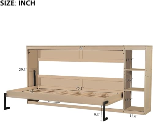 Full Murphy Bed with Storage Shelves,Wood Murphy Bed Cabinet with Storage Bookcase,Fold Up Bed Modern Murphy Wall Bed Full Size (White,Full)