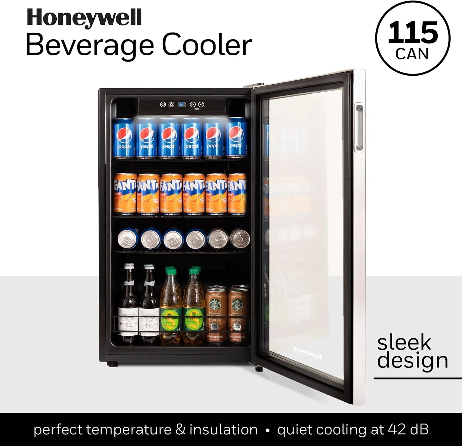 Honeywell Beverage Refrigerator and Cooler, 115 Can Mini Fridge with Glass Door for Soda Beer or Wine for Office or Bar with Adjustable Removable Shelving