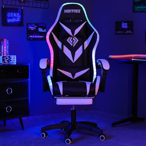 HOFFREE Gaming Chair Massage with Bluetooth Speakers and Led Lights Ergonomic Computer Gaming Chair with Footrest RGB Video Game Chair with High Back Lumbar Support Blue and Black