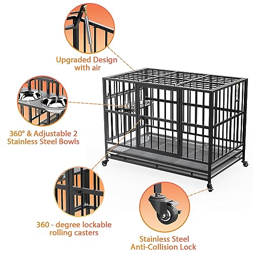 LOVMOR 48" Heavy Duty Dog Crate with Wheels/Unique Air Lift Rod / 360° & Adjustable 2 Bowls/Removable Dog Cage Tray Extra Large XL XXL Dog Crate